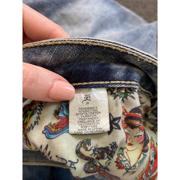 Ed Hardy Flare Blue Jeans Womens 26x32 Tattoo Graphic Embroidered Skull Grunge - Picture 8 of 12